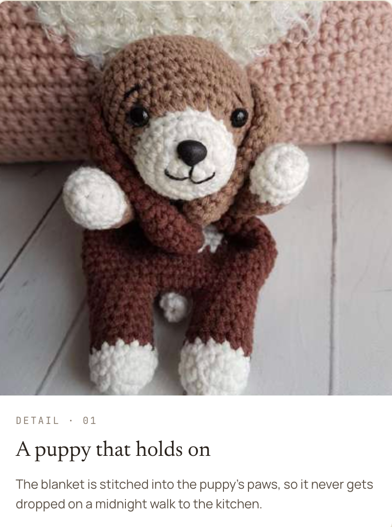 Images of the finished crochet of baby holding a puppy by CMH Goods