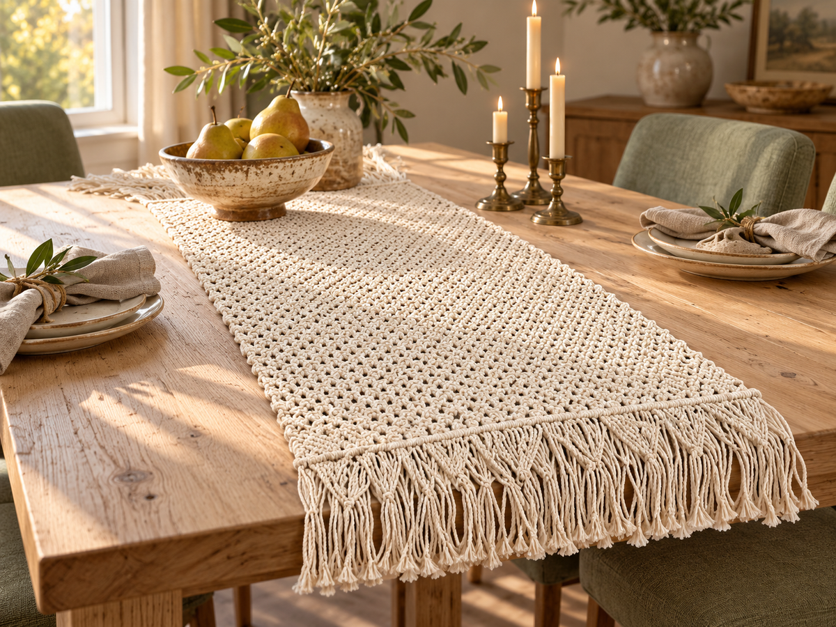 HomeSwag Macrame Table Runner – 14 x 45 Inch Ivory Farmhouse & Boho Dining Table Decor