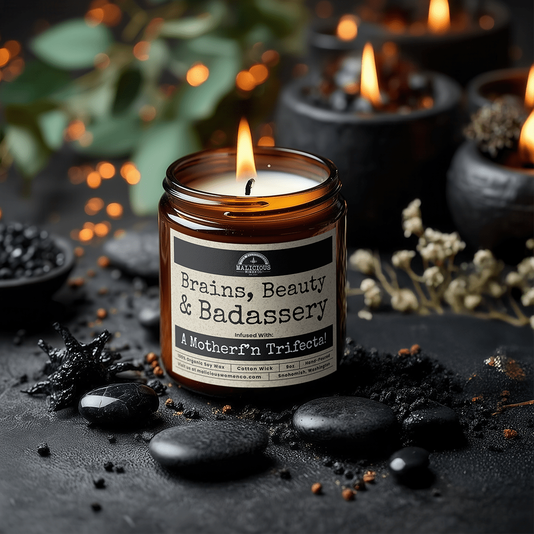 Brains Beauty Badassery | Scent: Rebel Rose | 9oz Funny Candle | Malicious Women Co