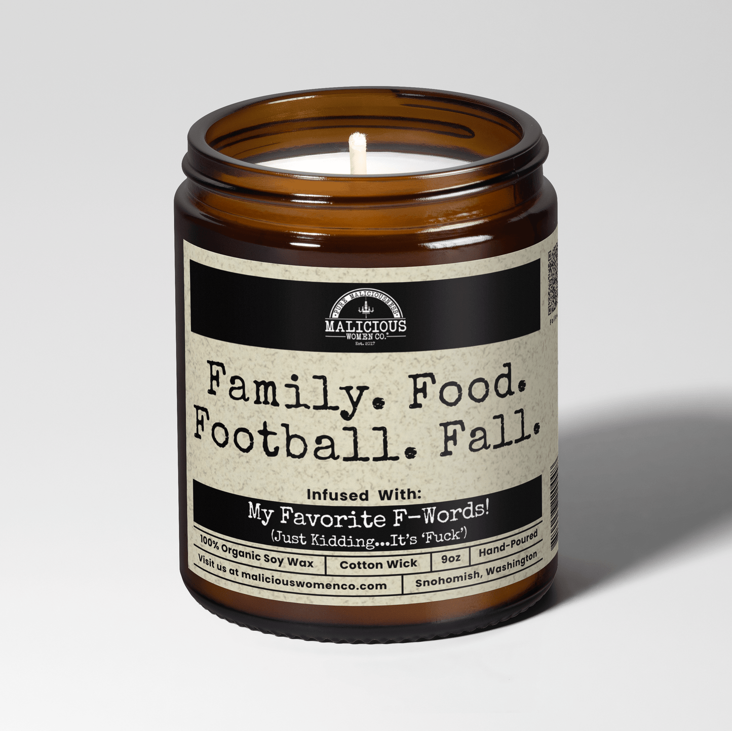 Family. Food. Football. Fall. | Scent: Vanilla Crumbcake | 9oz Fall Candle | Malicious Women Co