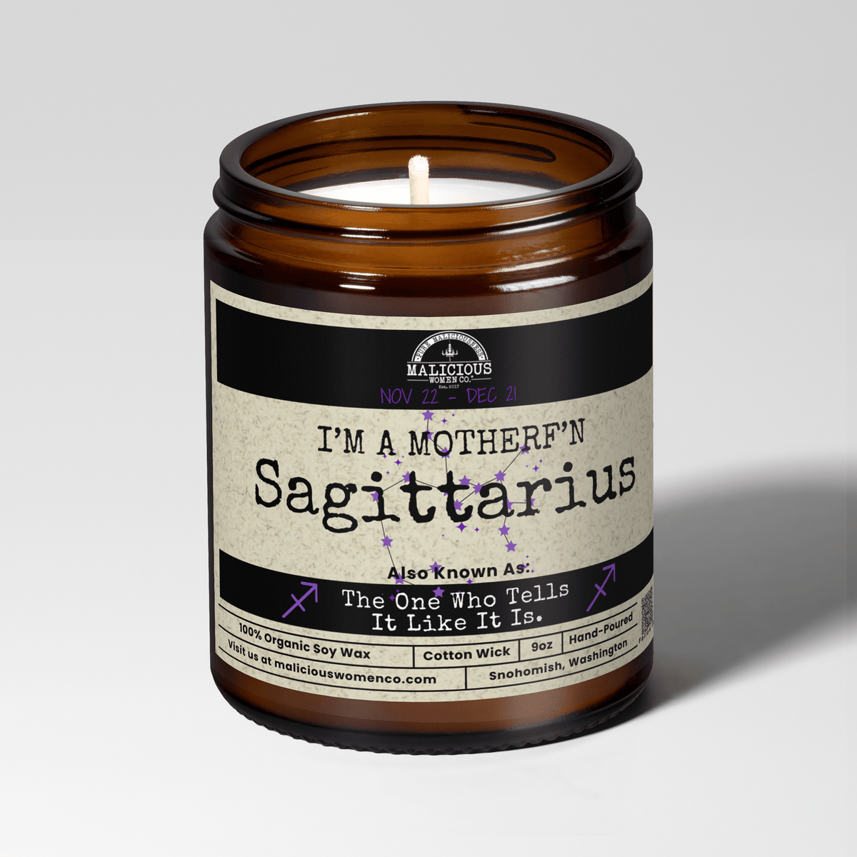 I'm a MotherF'n Sagittarius ( Nov 22 - Dec 21 )The Zodiac B*tch | Scent: Grapefruit Negroni | 9oz Zodiac Candle | Malicious Women Co