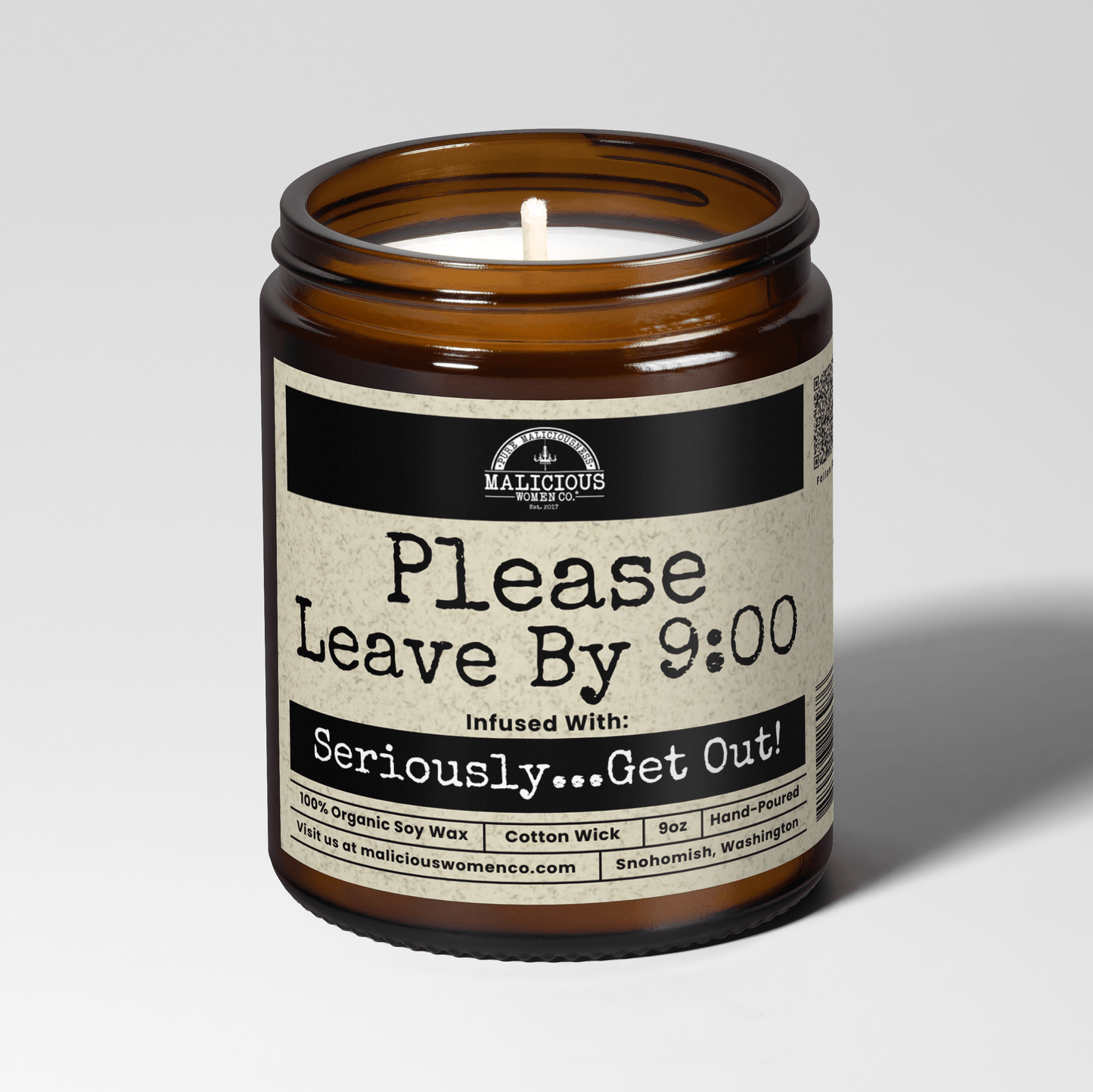 Please Leave By 9:00 | Scent: Jasmine & Eucalyptus | 9oz Funny Candle | Malicious Women Co