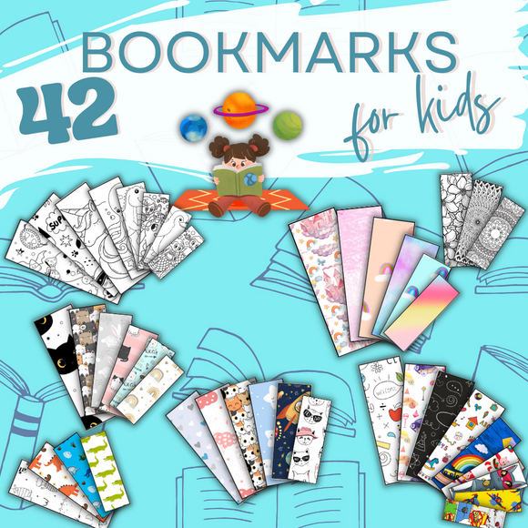 42 Printable Bookmarks for Kids | 12 Kid Color Your Book Marks, Set of 30 Colored Bookmarks | Instant Download DIY Kids Activity