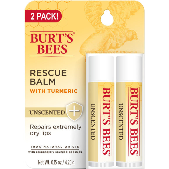 Burt's Bees 100% Natural Origin Rescue Lip Balm, Unscented, 2 Tubes